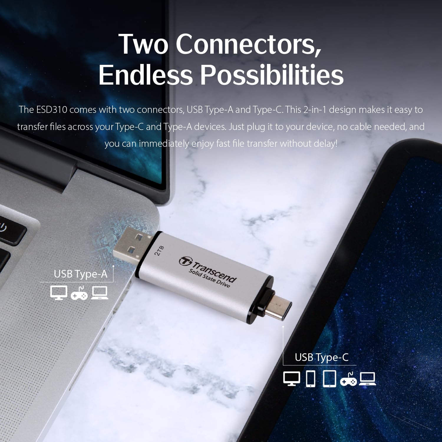 Transcend ESD310 512GB External SSD, Up to 1,050MB/s, Dual USB Flash Drive for iPhone/iPad/Mac/Windows/Android/Tablet/PC, USB3.2Gen2 Thumb Drive Photo Stick, 2-in-1 Type C &Type A Memory Stick-Silver