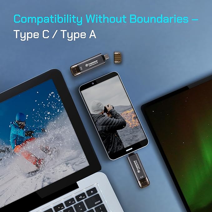 Transcend 512GB External SSD, Up to 1,050MB/s, Dual USB Flash Drive for iPhone&iPad&Mac, Windows&Android, Tablet&PC, Smart TV, USB 3.2 Gen 2 Thumb Drive Photo Stick, 2-in-1 Type C &Type A Memory Stick