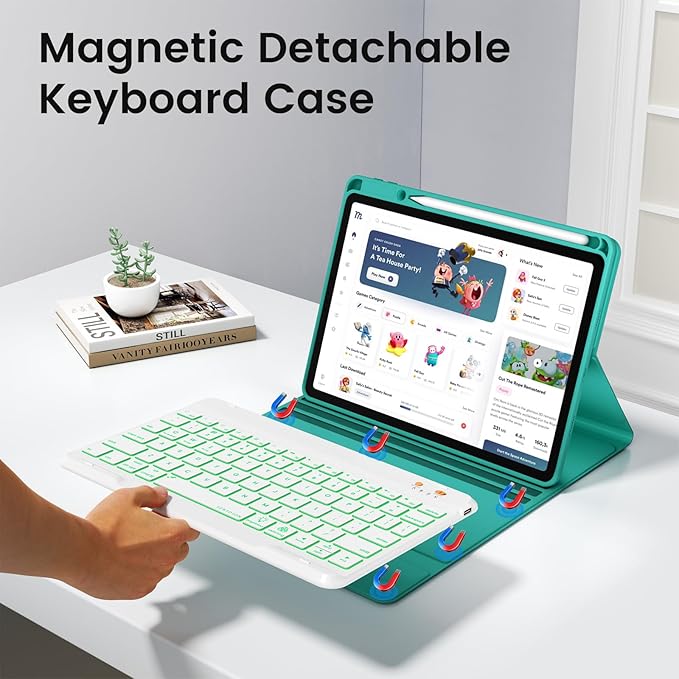 BLUTLOTUS for iPad 11th A16 10th Generation Case with Keyboard - 7 Colors Backlit Wireless Detachable Folio Keyboard Cover with Pencil Holder for iPad 11 inch A16 2025 10th Gen 10.9 Inch 2022 (Teal)