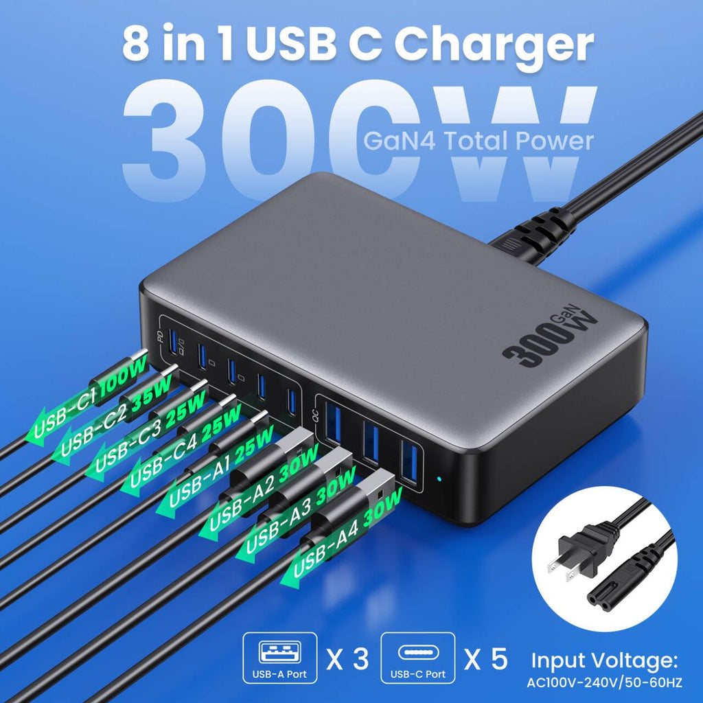 USB C Charger 300W USB C Charger Block,Upgraded GaN IV 8-Port Fast Charging Station Hub,PD 100W Laptop Charging Adapter Compatible with MacBook Pro/Air,DELL,Steam Deck,iPhone 16/15/14,Galaxy S23/22