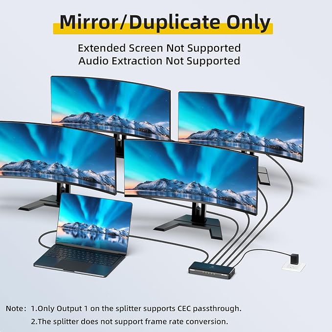 8K HDMI Splitter 1 in 4 Out, 1x4 Duplicate/Mirror Screens, HDMI 2.1, 8K@60Hz, 4K@240Hz (DSC), 4K@120Hz, Auto Downscaling, 48Gbps, HDCP 2.3, Compatible with Xbox, PS5, Blu-ray Player