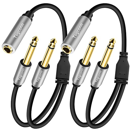 2-Pack 1/4 inch TS Mono Splitter Y Adapter, 6.35mm Mono Female to Dual 6.35 mm TS Mono Male Jack, Quarter inch Audio Speaker Splitter Converter Cable 1 Feet, Gold Plated Connectors