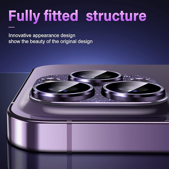 Uyiton for iPhone 14 Pro/iPhone 14 Pro Max Camera Lens Protector, [Drop Protection] 9H Tempered Glass Camera Cover screen Metal Ring Case Friendly Scratch Resistant Easy to Install - Glitter Purple