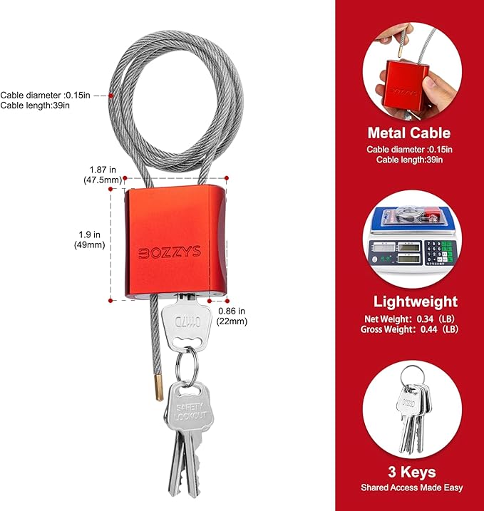 Cable Lock with 3 Keys | L 3.28ft(1m),D 1/6in(4mm) Adjustable Steel Cable Padlock | Aluminum Locks for Bikes, Gate, Lockers & Outdoor Gear | Weatherproof & Red