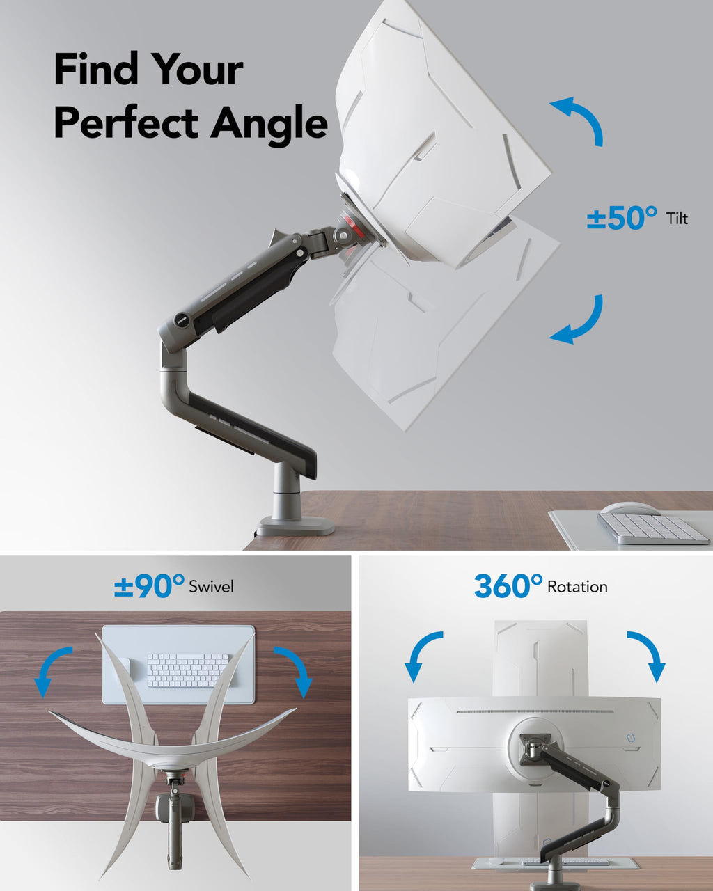 HUANUO TitanLift Heavy Duty Monitor Arm for Screens up to 49", Holds 44 lbs, Aluminum Ultrawide Screen Monitor Mount, Fully Adjustable Single Gaming Desk Mount with Dual C-Clamp, Max VESA 100x100mm