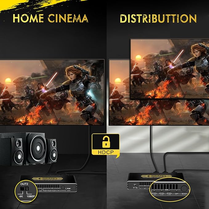 8K@60Hz 4K@120Hz HDMI 2.1 Splitter 1 in 2 Out,48 Gbps,HDCP 2.3,Supports VRR,ALLM,HDCP Bypass,EDID,Duplicate/Mirror/Copy,Downscale,HDR,Dolby Vision Atmos,Soundbar