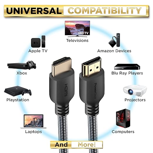 PowerBear 4K HDMI Cable 75 ft | High Speed Hdmi Cables, Braided Nylon & Gold Connectors, 4K @ 60Hz, Ultra HD, 2K, 1080P, ARC & CL3 Rated | for Laptop, Monitor, PS5, PS4, Xbox One, Fire TV