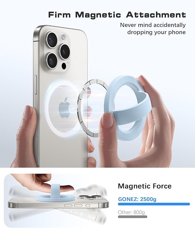 GONEZ Magnetic Phone Grip Compatible with MagSafe, Removable Silicone Loop Grip, Phone Ring Holder for Back of Phone for iPhone 16/15/14/13/12 Series, Blue
