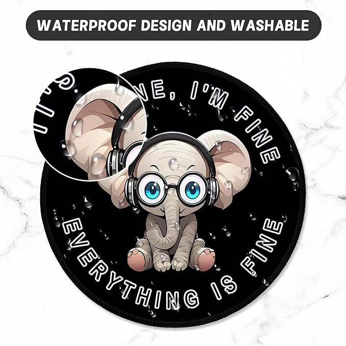 ITNRSIIET Round Mouse Pad with Stitched Edge Premium-Textured Waterproof Non-Slip Rubber Base Desktop Protection Mat Diameter 8.7 inches, Pretty Fine Elephant