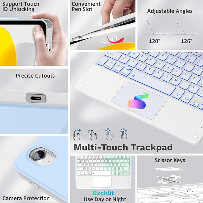MoKo Touch Keyboard Case for iPad (A16) 11th Generation 11 inch 2025, iPad 10th Generation 10.9 inch Case with Pencil Holder, 7 Colors Backlit Multi-TrackPad Detachable Bluetooth Keyboard, Sky Blue