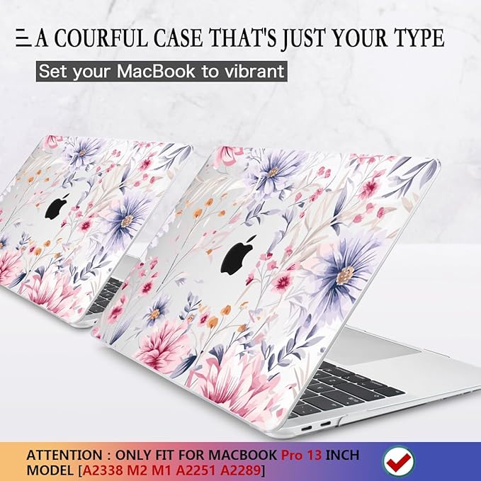 CISSOOK Flower Case for MacBook Pro 13 Inch M2 A2338 M1 A2251 A2289 Model 2025-2020 Released, Plastic Floral Cover with Keyboard Cover Protector for MacBook Pro 13 with Touch bar, Flowers Watercolor