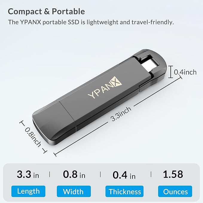 YPANX 1 TB Pro Portable SSD, 1000MB/s Speed, USB 3.2 Gen 2 + Type C Dual-Port, Lightweight External SSD for iPhone 15/16/Pro, Android, Windows, Mac, Tablets