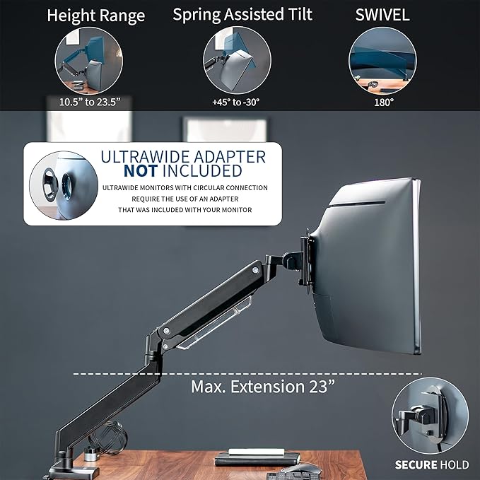 VIVO Premium Aluminum Monitor Arm for Ultrawide Screens up to 49 inches and 33 lbs, Heavy Duty Single Desk Mount, Pneumatic Height, Max VESA 100x100, Black, STAND-V101G1