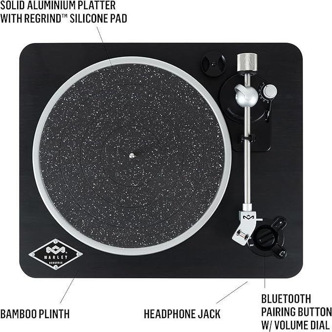 House of Marley Stir It Up Wireless Bluetooth Turntable - Sustainably Crafted Bamboo Record Player, Recycled Rewind Fabric, Superior Sound, Black