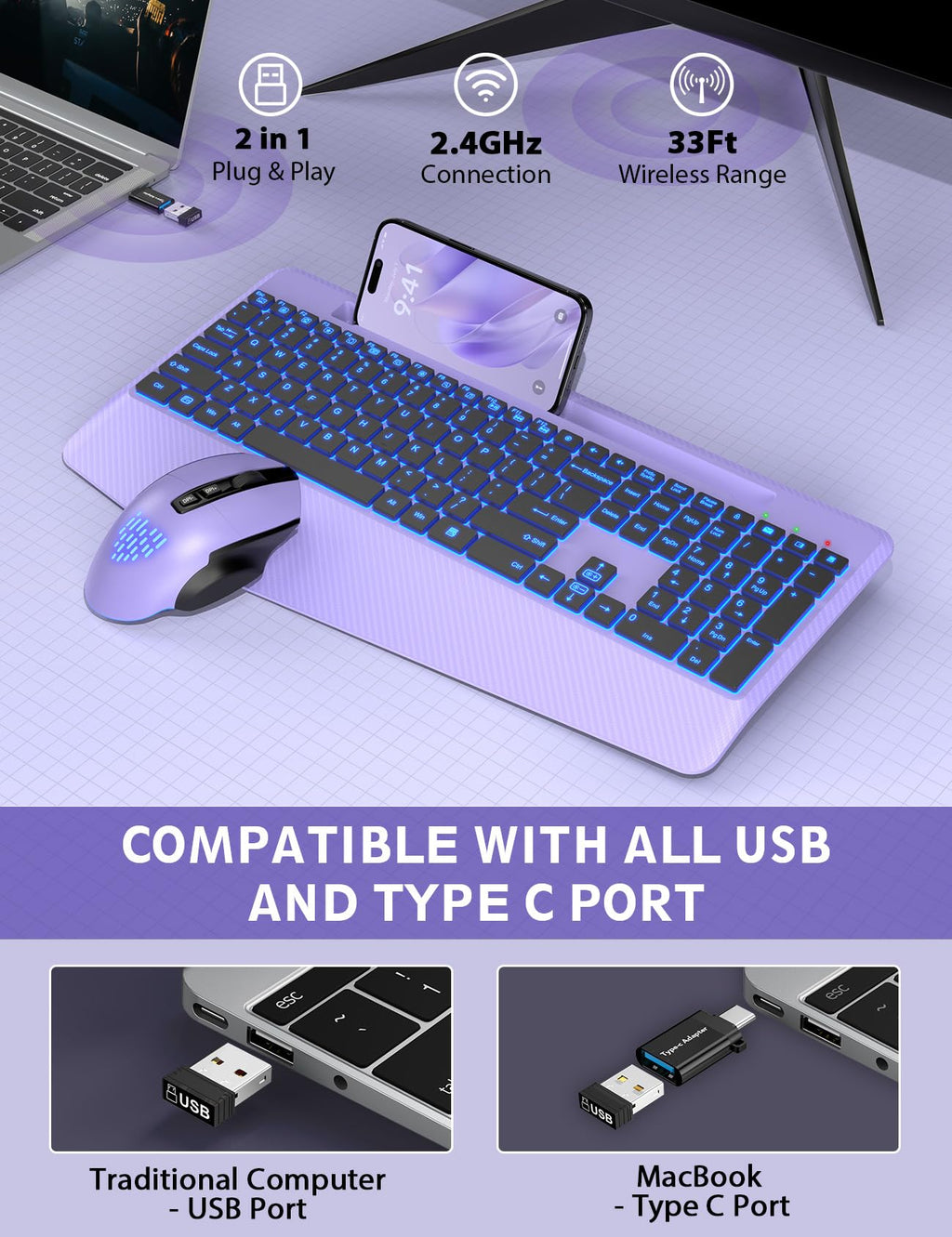 Wireless Keyboard and Mouse Backlits, Wrist Rest, LED Mouse, Rechargeable Ergonomic Keyboard with Phone Holder, Silent Light Up Combo for Computer, Mac, PC, Laptop, Chromebook (Purple)