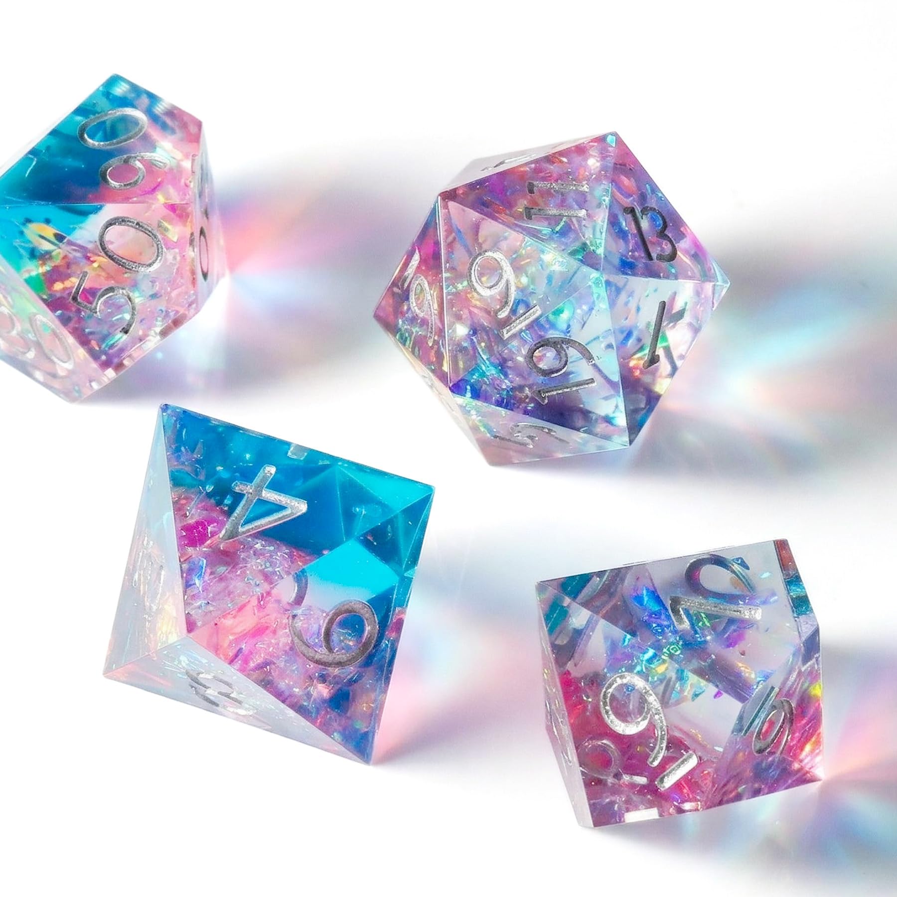 Haxtec Sparkling Sharp Edge Dice Set - Handmade Resin DND Dice with Iridescent Mylar Inclusion, Light Purple and Blue Color Mix-Enchanted Stardust