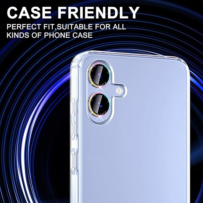 for Samsung Galaxy A06 Camera Lens Protector, Individual Metal Ring Tempered Glass Lens Cover, [Strong Adsorption] Scratch Resistant Ultra-Thin HD Clear Lens Cover, 1 Set-Colorful Sparkly