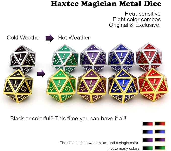 Haxtec Color Changing ByTemperature Metal DND Dice Set Polyhedral D&D Dice Compatible with Dungeons and Dragons RPG-Silver Black Purple Shift