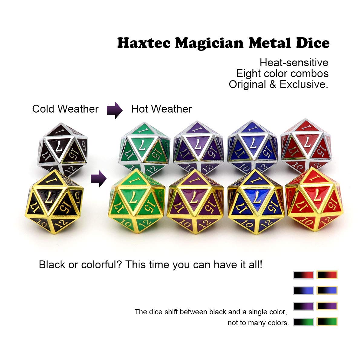Haxtec Color Changing Metal DND Dice Set Silver Black Purple Color Shifting D&D Dice with Leather Dice Bag Compatible with Dungeons and Dragons TTRPG DND Gift