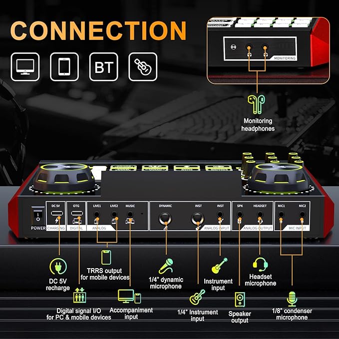 Audio mixer, suitable for live streaming, singing, and gaming on computers/phones; podcast mixer with real-time sound card, noise reduction function, and one-click mute function