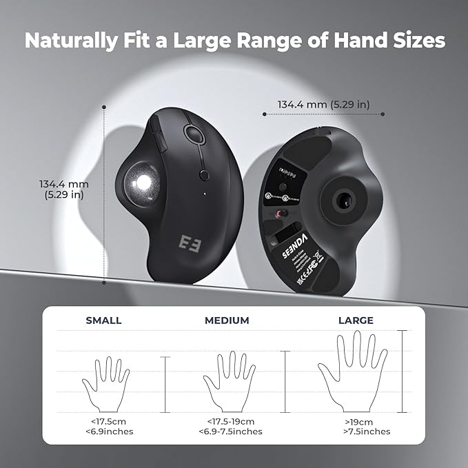 seenda Wireless Trackball Mouse Ergonomic - Bluetooth Rollerball Mouse Rechargeable, Multi Devices Connection Thumb Control Mice Compatible for Mac/Android/Windows Computers - Black