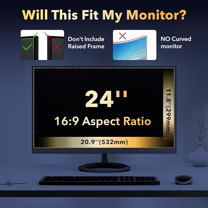 Magnetic Invisible Hidden Design Computer Privacy Screen Filter 24 Inch for Frameless Monitor 16:9 Aspect Ratio, Removable Anti Glare Blue Light Protector, Double Sided Reversible Eye Care 24in Film