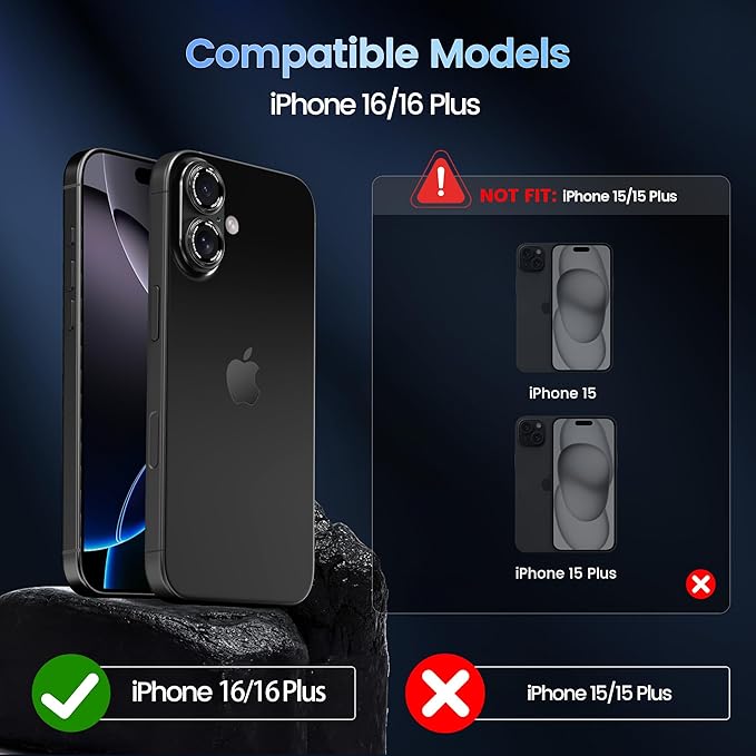 CACOE for iPhone 16/16 Plus Camera Lens Protector - Metal Frame Tempered Glass Cover, [Anti-Scratch] [Drop-Proof][Strong-Adhesion] Camera Screen Cover (Black)