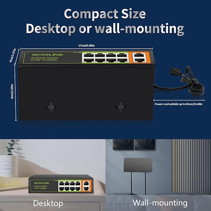 8 Ports PoE+ Ethernet Switch 2 Uplink 802.3af/at 120W Total Power 100Mbps Network Hub 20 Gbps Switch Capacity Unmanaged PoE Switch Suitable for IP Cameras Home & Office.