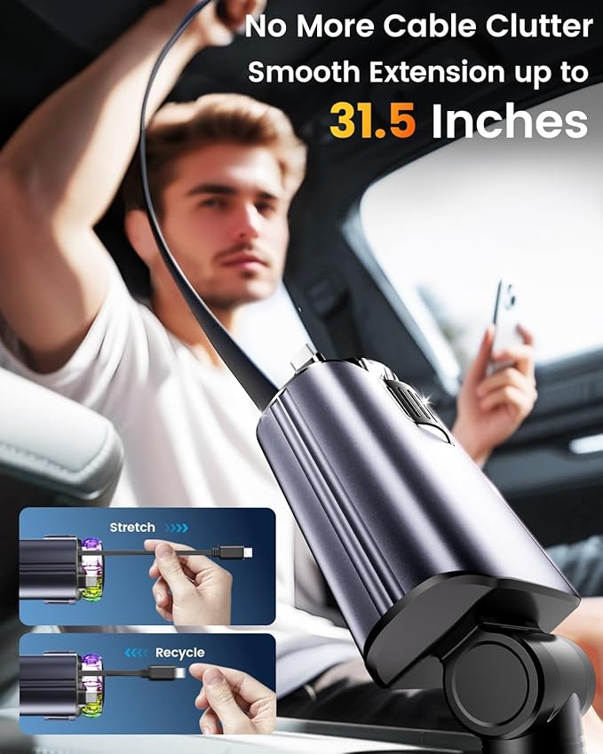 Retractable Car Charger with Air Freshener Diffuser & Star Lights,Multi Port Cigarette Lighter Adapter for iPhone Car Phone Charger USB-C/Type-C Fast Charging with 2 Retractable Cable (Black)