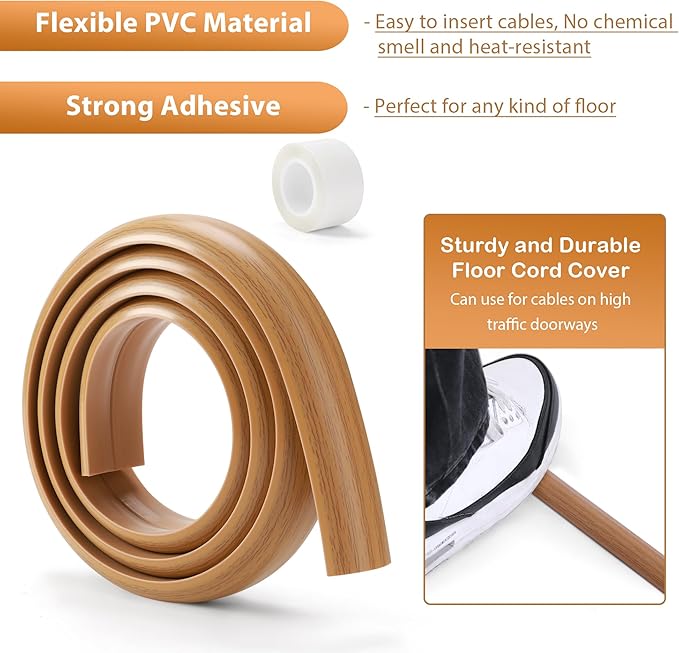 Floor Cord Cover 6ft, Cord Hider Floor Gray Wood, Cable Management Prevent Trips, Cable Cover Wire Covers for Electric Power Cords, Wire Protector Cavity W0.47in x H0.28in Grey