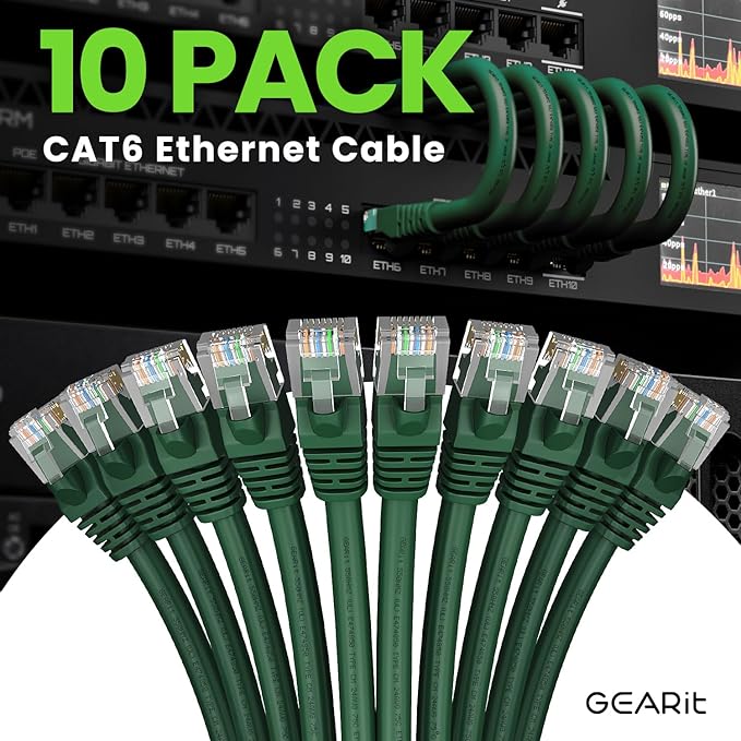 GearIT Cat 6 Ethernet Cable (10-Pack 6 Feet) Cat6 Network Patch, 10Gbps, RJ45, Snagless Cord, Gold-Plated Connectors, Internet for PC, TV, Tablet, Router, Printer, Servers, IT Data Center - Green