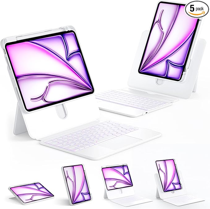 ONLY fit for 2024 M4 iPad Pro 11 inch Case with Keyboard Detachable Magic Keyboard Trackpad, 360 Rotating Cover with Pencil Holder Multi Angle Stand, 12 Shortcut Key, 7 Color Backlit, White