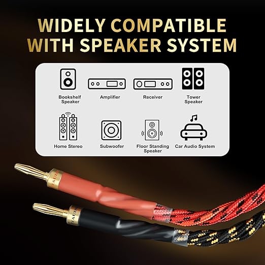 9 AWG Audiophile HiFi Speaker Audio Cable–4N OFC Core,24K Gold-Plated Banana Plugs with Nylon Braid,Compatible with Amplifier,Speakers,AV Receiver & Home Theater(9.84ft/3m) 2-Pack