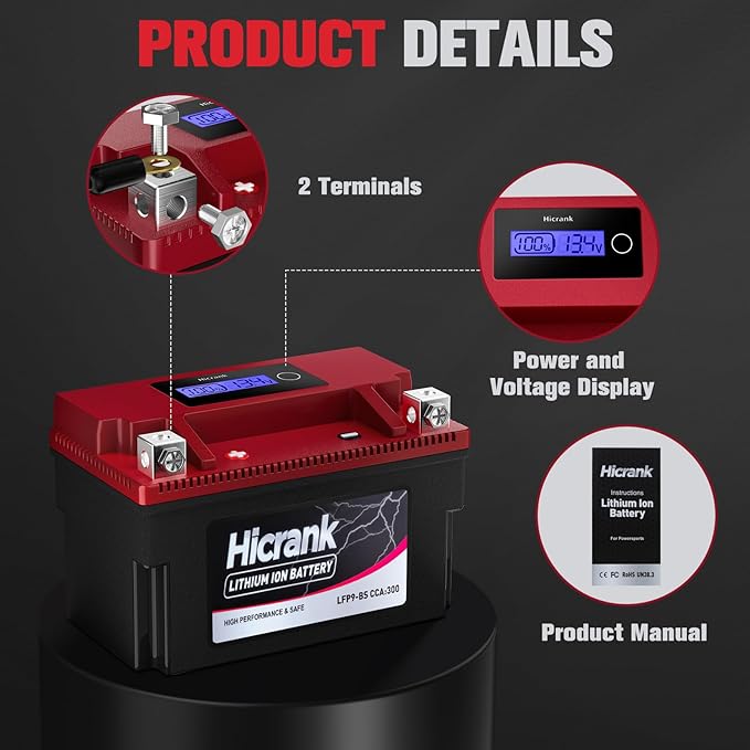 YTX9-BS, 2X Cranking Power, 5X Life, Lithium LiFePO4 Motorcycle Battery, 280 CCA, Digital Readout,Powersports Battery,Fits for ATV,UTV,4 Wheeler,Seadoo,Polaris,Lawn Mower,Generator