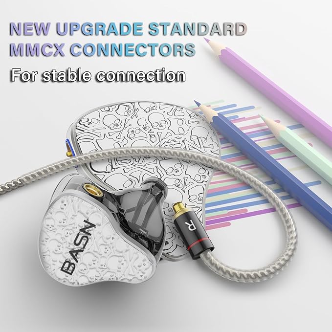BASN Bmaster5 in Ear Monitors, 5 Drivers Drummer Headphones with Powerful Bass, Noise Isolation IEM Earbuds with Detachable MMCX Sliver-Plated OFC Cable for Musicians (Glacier White, MMCX)
