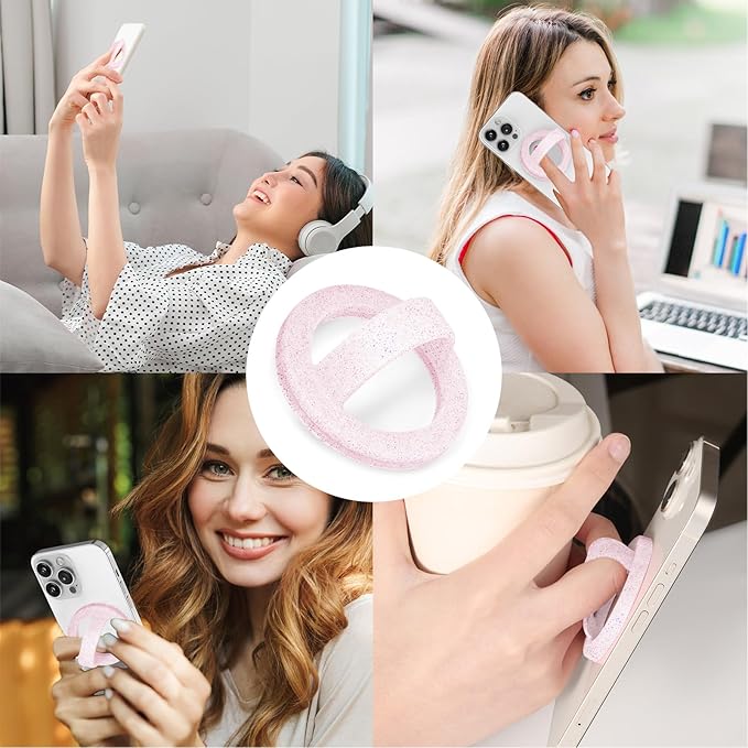 Magnetic Silicone Ring Grip Phone Holder, Loop Grip Phone Holder,Magnetic Phone Loop,Magsafe Phone Grip,Compatible with Magsafe for iPhone 16/15/14/13/12 Series (Pink Sparkle)