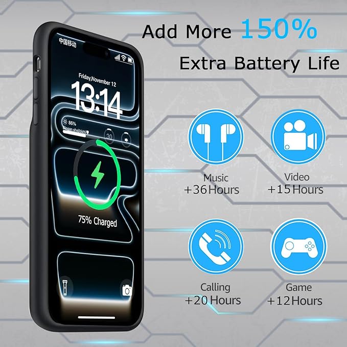 Battery Case for iPhone 17 Pro Max, Upgraded 12000mAh Rechargeable Portable Extended Battery Pack Supported Qi Wireless Charging Case Compatible with iPhone 17 Pro Max (6.9 inch) Charger Cover (Black)