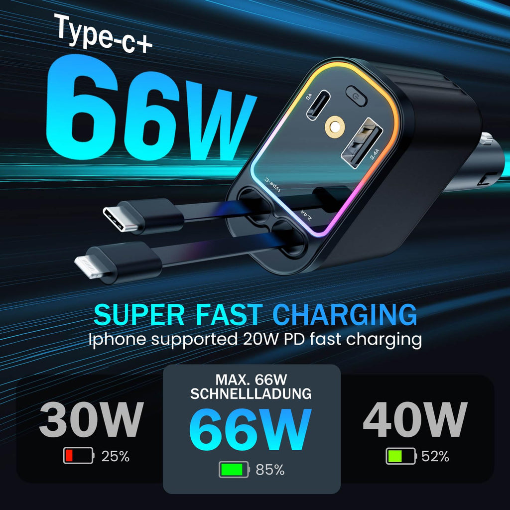 4 in 1 Retractable Car Chargers with Starlight, 66W USB C Fast Car Charger Adapter with 2 USB Ports for All iPhone 15/14/13/12/11 and for All Android (Black - RedLight)
