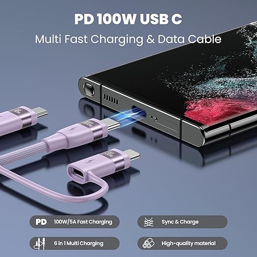 100W USB C Multi Charging Cable, USAMS 6.6FT 5-in-1 5A Fast Sync Charger Adapter Nylon Braided Type-C Cable for Laptop/Tablet/Phone and More