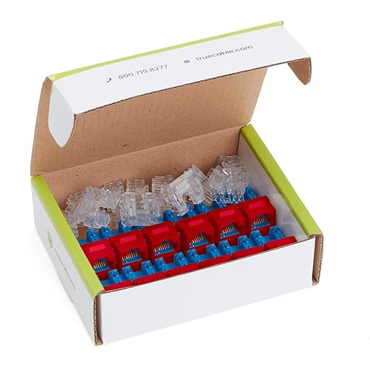 TRUE CABLE Cat6A Keystone Jack, Unshielded (UTP), 90 Degree Punch-Down, PoE++ (4PPoE), UL Listed, ETL Verified, ANSI/TIA Certified, Modular RJ45 Female, Red, 12 Pack