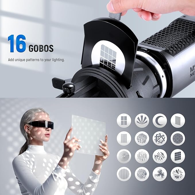 NEEWER Spotlight Snoot Only for NEEWER MS60B, MS60C, MS150B, MS150C LED Video Light, Conical Snoot with 20° Projection Lens, Adjustable Focus, 16 Gobos, 5 Color Gels, Bag, LS-48
