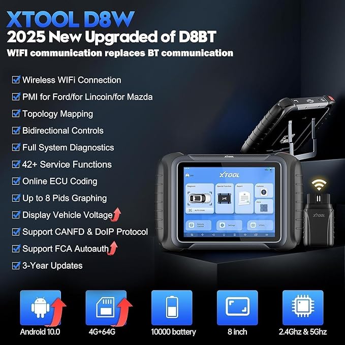 XTOOL D8W OBD2 Scanner Diagnostic Tool Wireless Bidirectional Scan Tool with Topology, ECU Coding, 42 Reset, Active Tests, Crankshaft Relearn, All System PMI, CANFD/DoIP FCA, 3-Yr Update