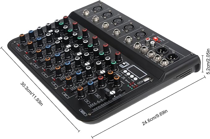 7 Channel mixer, DJ Mixer Board with Bluetooth and Usb, Audio Sound Card with Interface Recording and 48V Phantom Power, Sounds Mixer Board with FX Reverb Delay Effect for Streaming