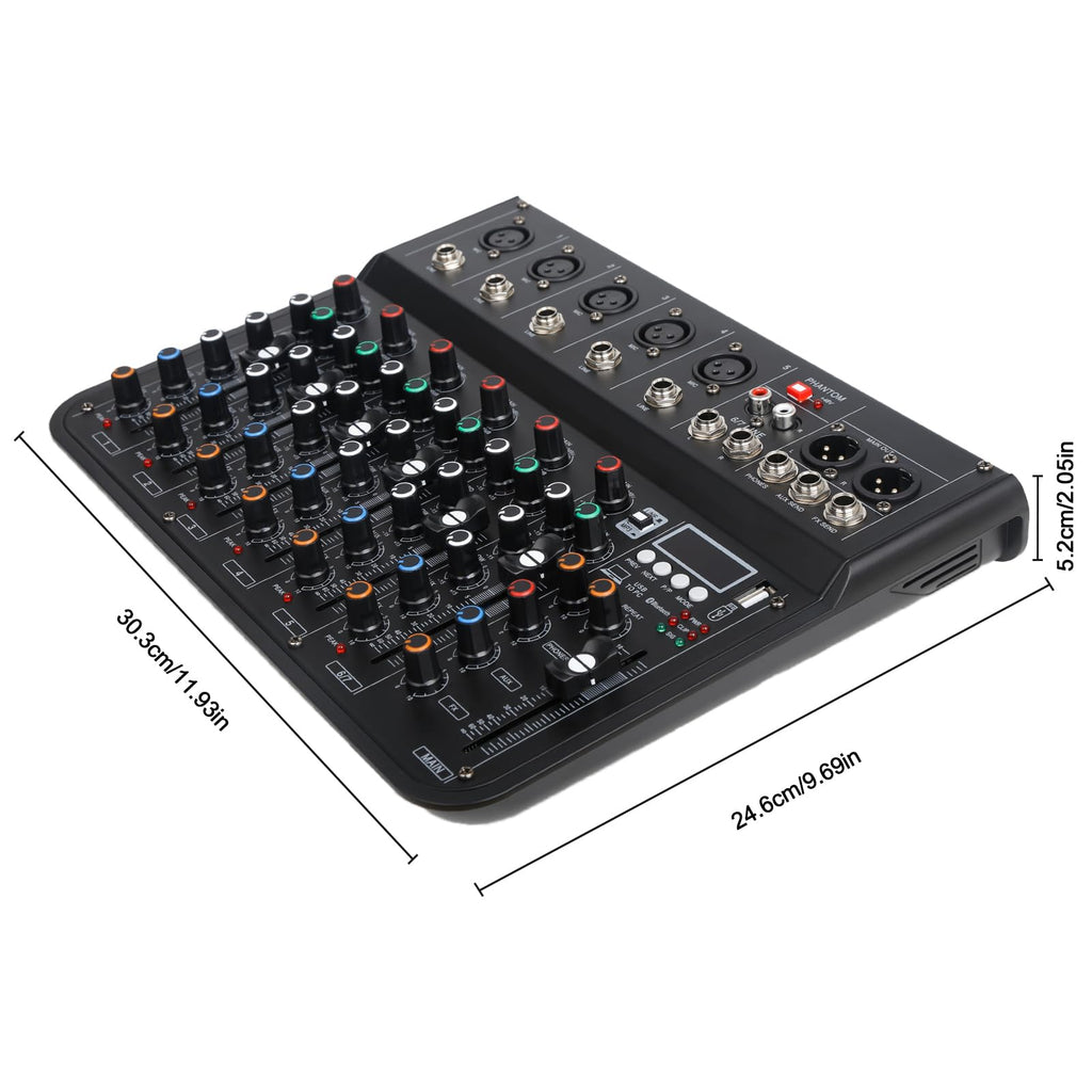 Jindaaudio 7 Channel mixer, DJ Mixer Board, Audio Sound Card with Interface Recording and 48V Phantom Power, Sounds Mixer Board with FX Reverb Delay Effect for Streaming