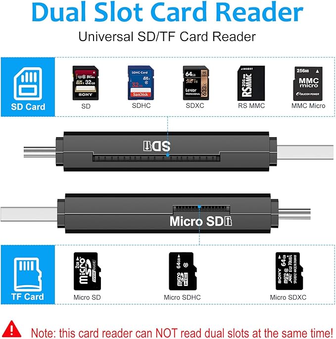 SD Card Reader for Android Photography Accessory Memory Card Reader with TF/SD Dual Slot for Computer, PC, MacBook, iPhone 16/15, iPad Pro, Chromebook, Samsung Galaxy S24/S23/S22/S21/S20, More
