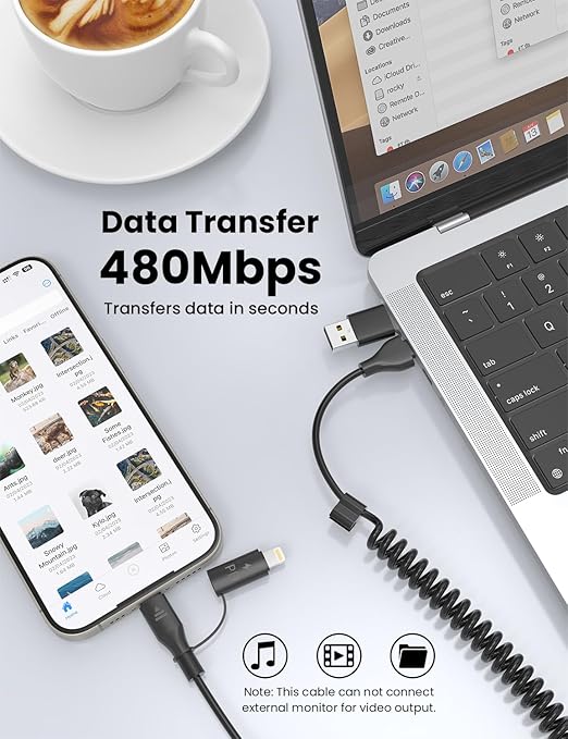 Coiled USB-C and Lightning Cable 2-in-1, 3FT iPhone 17 16 Car Charger Cord, 60W Fast Charging Cable for iPhone 15, Samsung Galaxy Supports Apple CarPlay & Android Auto (Black)