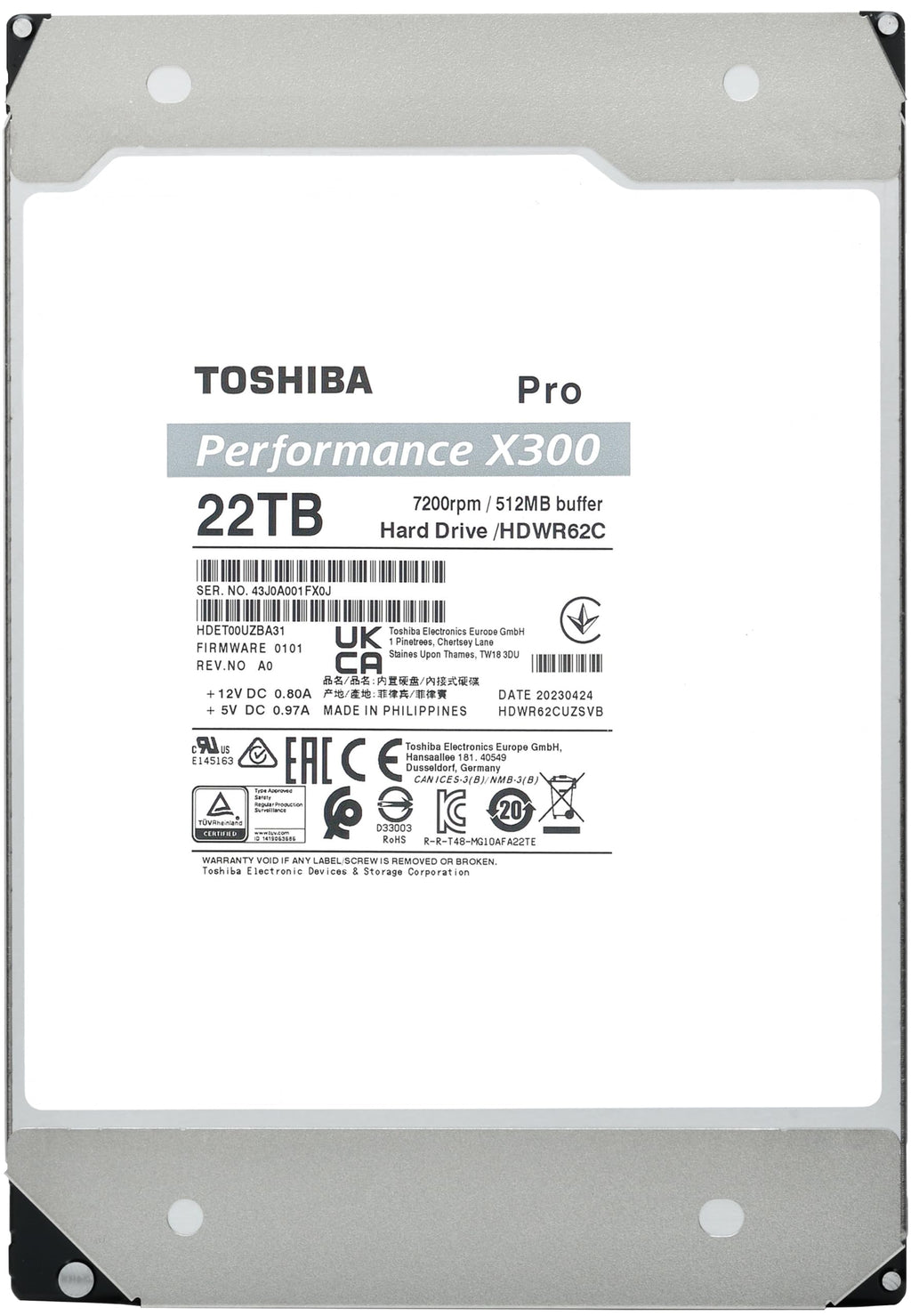 Toshiba X300 PRO 22TB High Workload Performance for Creative Professionals 3.5-Inch Internal Hard Drive – Up to 300 TB/Year Workload Rate CMR SATA 6 Gb/s 7200 RPM 512 MB Cache - HDWR62CXZSTB