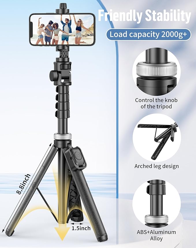 Selfie Stick for iPhone:Selfie Stick Tripod with Remote,Tripod for Video Recording,is Content Creator's Vlogging Kit,Compatible with Android, Camera, Also a Gopro Trip