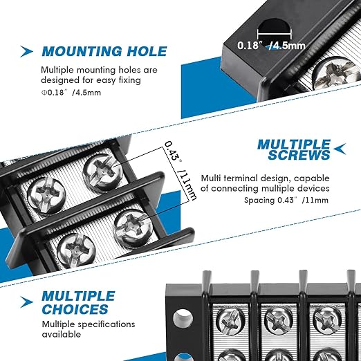 GLOSO Terminal Blocks Double Row Stainless 11 mm Pitch TBC, Marine Grade, 12-22 AWG Cu, 25A/300V - 1 Pack, 4 Poles