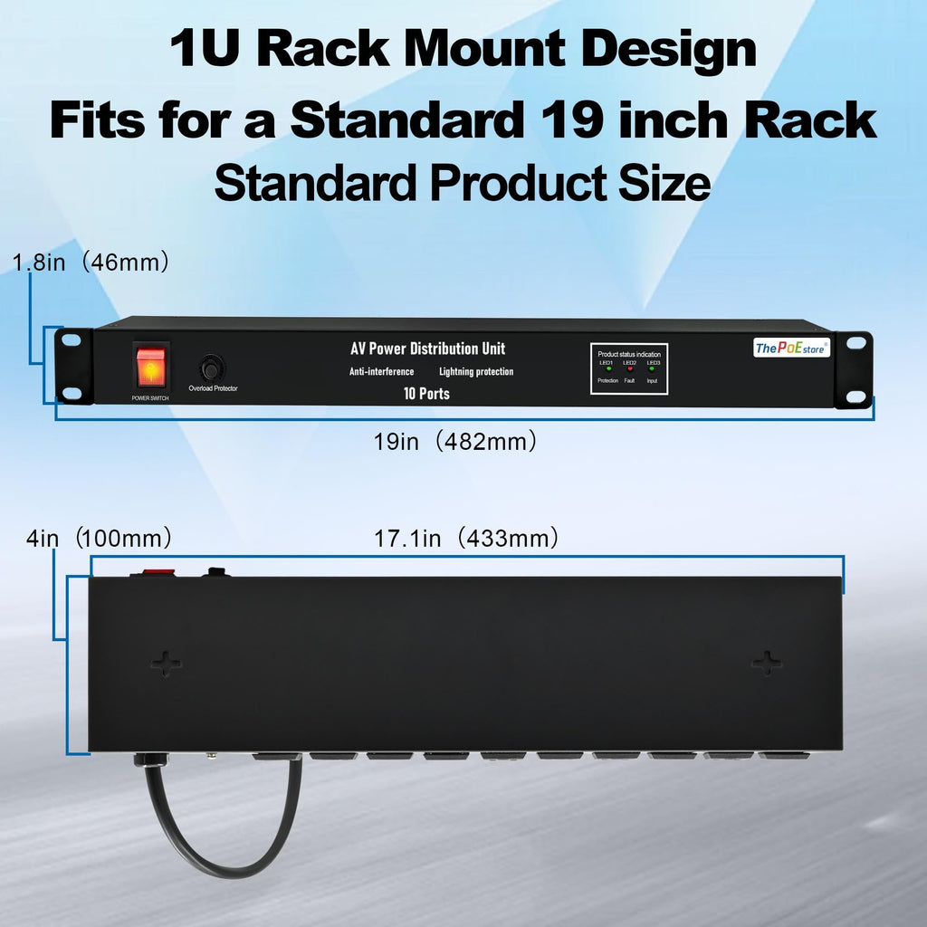 ThePoEstore 1U Horizontal PDU 19" Rack Mount Power Strip - Surge Protector